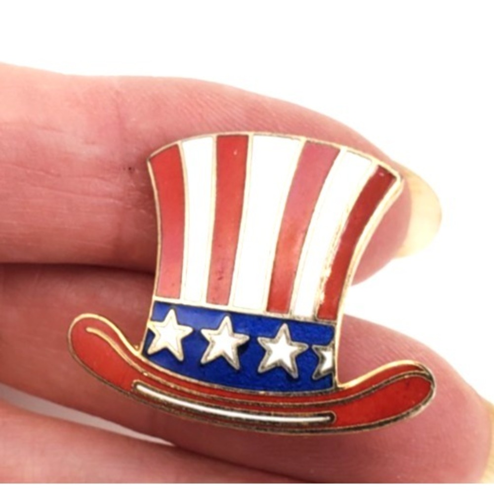Vintage Uncle Sam Red White Blue Patriotic Hat Brooch Pin Gold Tone Ent Inc